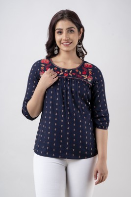 Diapnis Casual Printed Women Dark Blue, Gold, Maroon Top