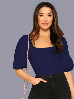 NAVYANKAA Casual Solid Women Dark Blue Top