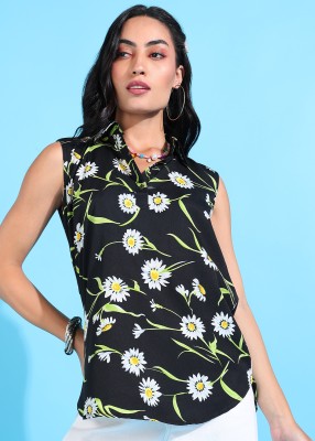 Rudraaksha Casual Floral Print Women Black Top