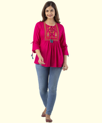 DMP FASHION Casual Embroidered Women Pink Top