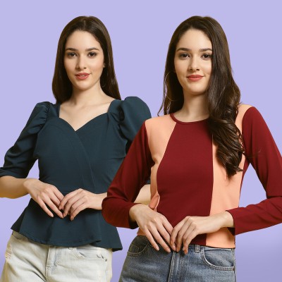 Fabflee Casual Solid Women Maroon, Dark Blue, Orange Top