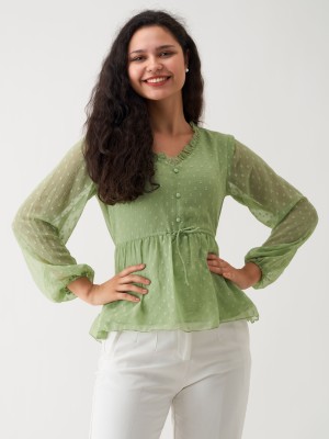 AASK Casual Self Design Women Light Green Top