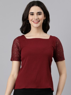 TWIN BIRDS Casual Solid Women Maroon Top