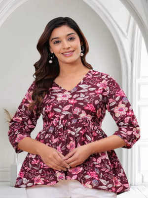 Labhanshi Creation Casual Floral Print Women Maroon Top