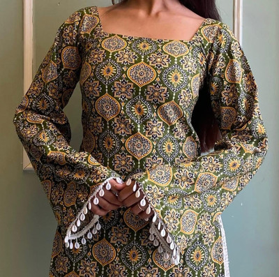 KUNJOO Casual Printed, Ethnic Motifs, Geometric Print Women Green Top