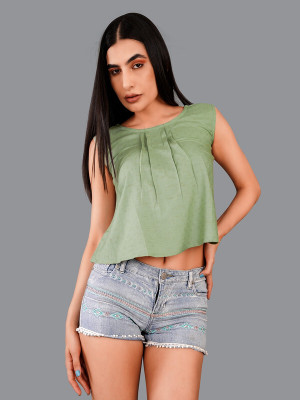 french crown Casual Solid Women Green Top