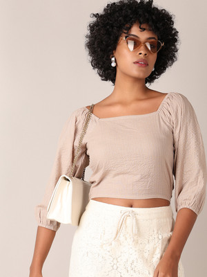 V-MART Casual Striped Women Beige Top