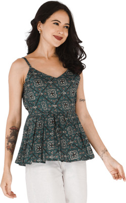 MESMERIICAL Casual Printed, Geometric Print, Ethnic Motifs Women Dark Green Top