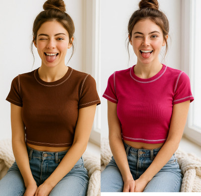 Crezystyl Casual Self Design Women Brown, Pink Top