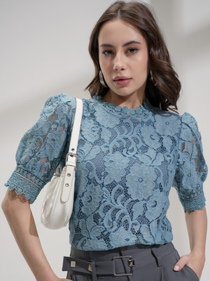 Tokyo Talkies Casual Self Design Women Blue Top