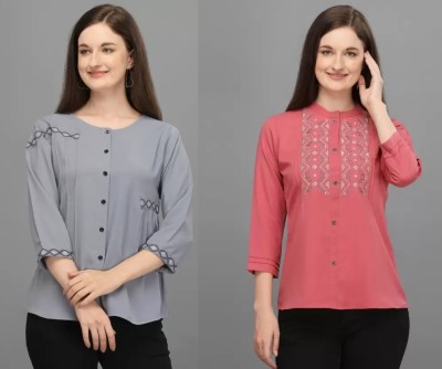 Prettify Casual Embroidered Women Grey, Pink Top