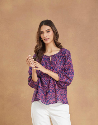 Fabindia Casual Printed Women Blue, Purple Top