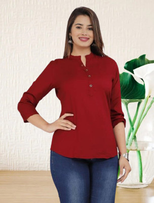 Moda Casa Casual Solid Women Maroon Top