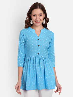 HANUMNTRA Casual 3/4 Sleeve Polka Print Women Light Blue Top