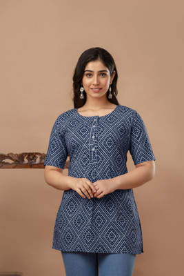 Vivan Enterprises Women Geometric Print A-line Kurta(Blue, White)