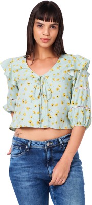 IZEL Casual Floral Print Women Light Green Top