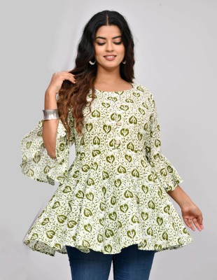 Padlaya Fashion Casual Printed Women Dark Green, White Top