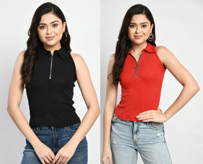 GLADLY Casual Solid Women Black, Red Top