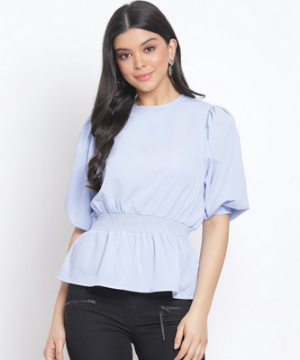 OXOLLOXO Casual Petal Sleeve Solid Women Blue Top