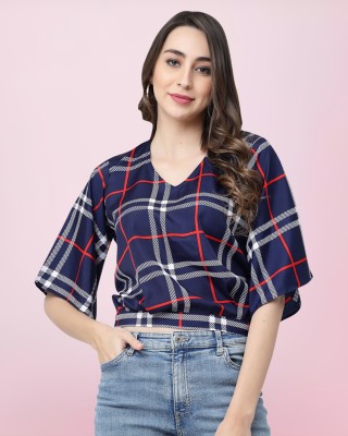 HASMI TRENDZ Casual Checkered Women Dark Blue Top