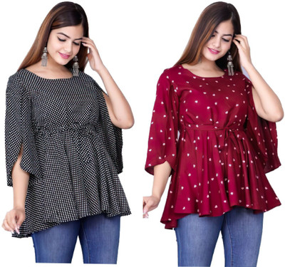 DMT Ethnic Party Striped Women Maroon, Black Top