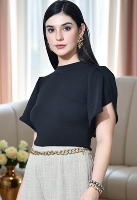 HouseOfCommon Casual Solid Women Black Top