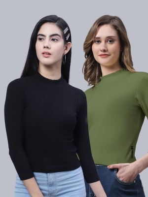 FBAR Casual Self Design Women Black, Green Top