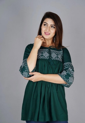 Heba Women Embroidered Flared Kurta(Green)