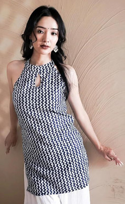 Vilasha Casual Chevron/Zig Zag, Printed Women White, Dark Blue Top
