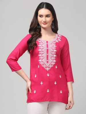 MISS DESIRE Women Chikan Embroidery A-line Kurta(Pink)