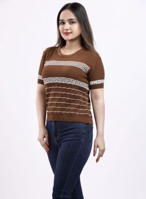 FEVERFEW Casual Self Design Women Brown, White Top