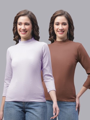 FRISKERS Casual Self Design Women Purple, Brown Top