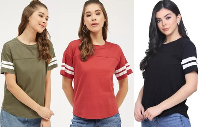 RYTE STYLE Pack Of 3 Casual Regular Sleeves Striped Women Red, Dark Green, Dark Blue Top For Rs. 227 @ 89 %