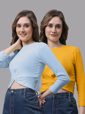 FBAR Casual Self Design Women Yellow, Light Blue Top