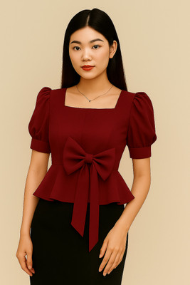 bluebestof Casual Solid Women Maroon Top