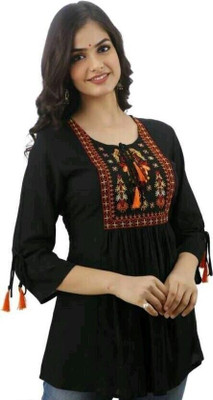 Mahinfashion Casual Embroidered Women Black Top