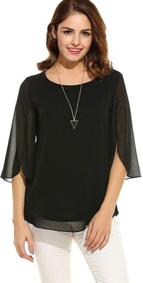 KITTOO Casual Solid Women Black Top
