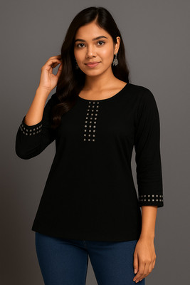 AROOZ Casual Embellished, Solid Women Black Top