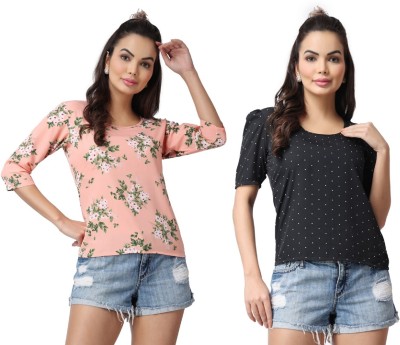 POPWINGS Casual Floral Print Women Black, Pink Top