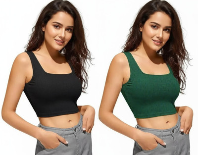 Blueribon Casual Solid Women Black, Dark Green Top