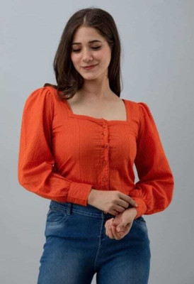 FESNOVA Casual Solid Women Orange Top