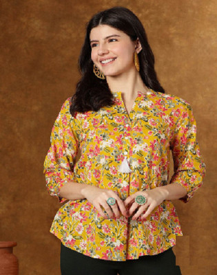 AAFAMI Casual Printed Women Multicolor, Yellow Top