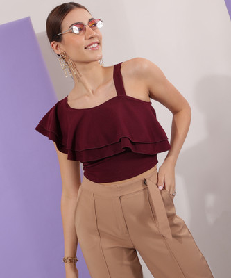 VICIA Casual Solid Women Maroon Top