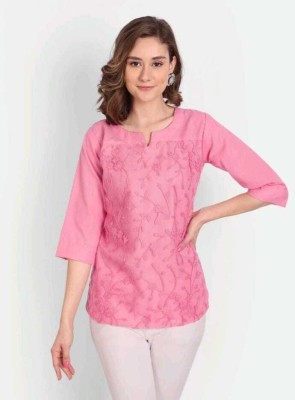 La Femme Casual Embroidered Women Pink Top