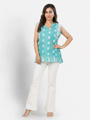 Crazy Needle Casual Floral Print Women Green Top