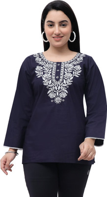 Luvtex Casual Embroidered Women Dark Blue Top