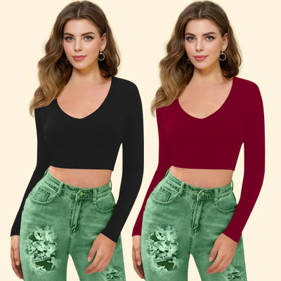 Dream Beauty Fashion Casual Solid Women Maroon, Black Top