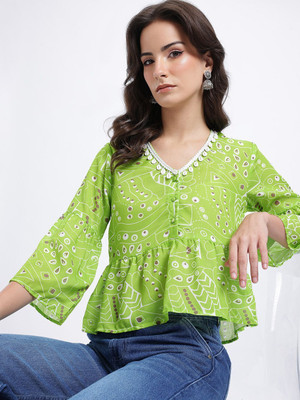 fusion by glitchez Casual Printed Women Green Top