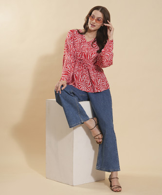 FashFun Casual 3/4 Sleeve Printed Women Red, White Top