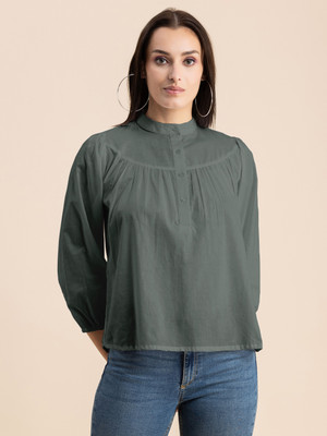 moomaya Casual Solid Women Dark Green Top